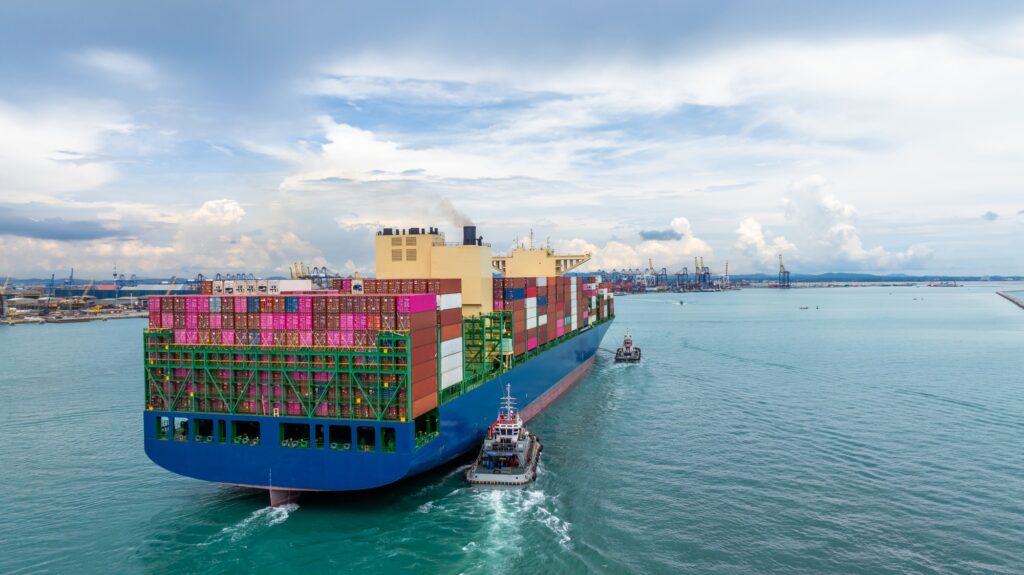 Aerial view container cargo ship freight shipping international, Global business freight shipping