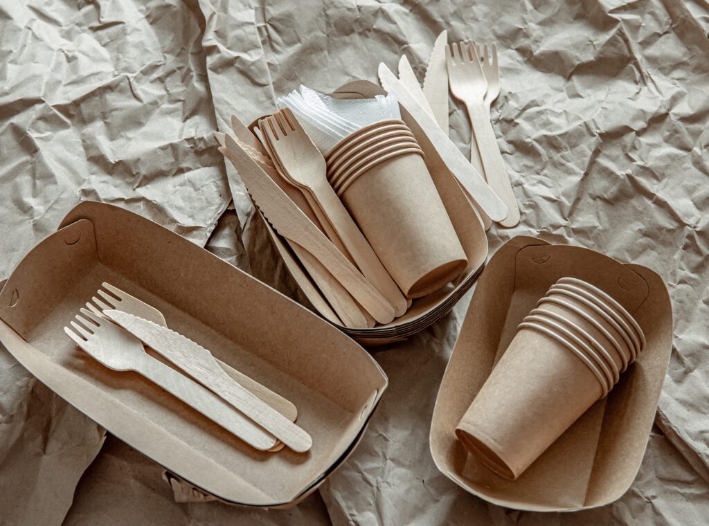 Composition with disposable ecological dishes and cutlery.