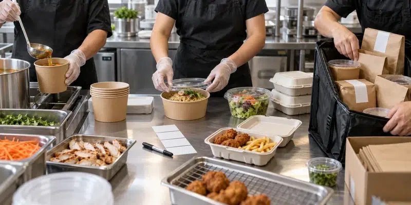 How Packaging Affects the Food Delivery Experience for Restaurants 4 restaurant team packing food delivery orders
