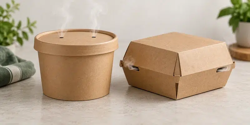 How to Keep Takeaway Food Hot: A Packaging Guide 2 Vented paper soup bowl and takeaway food box showing controlled steam release