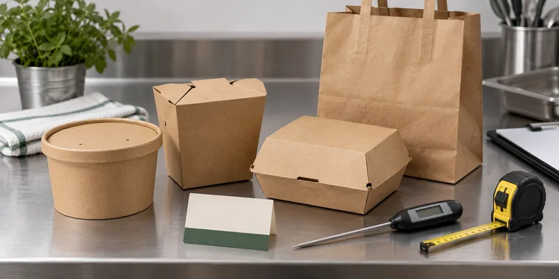 How to Keep Takeaway Food Hot: A Packaging Guide 3 Takeaway packaging samples with a food thermometer, measuring tape, timer, and version card