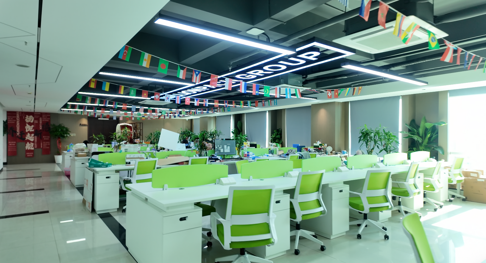 The new Million Pack office with green workstations, plants and international flags