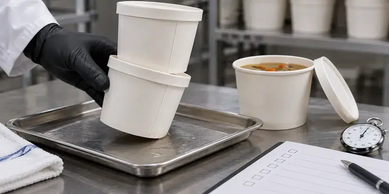 Double PE Coating vs Single PE Coating: Which Paper Packaging Should You Choose? 6 Sample test of a PE coated paper container with tilt stacking and sealing checks