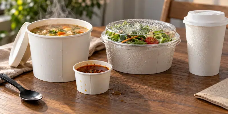 Double PE Coating vs Single PE Coating: Which Paper Packaging Should You Choose? 2 PE coated food containers with soup sauce salad and condensation